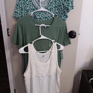 3 Ladies Summer Tops Large ...Green & White Floral Lacey